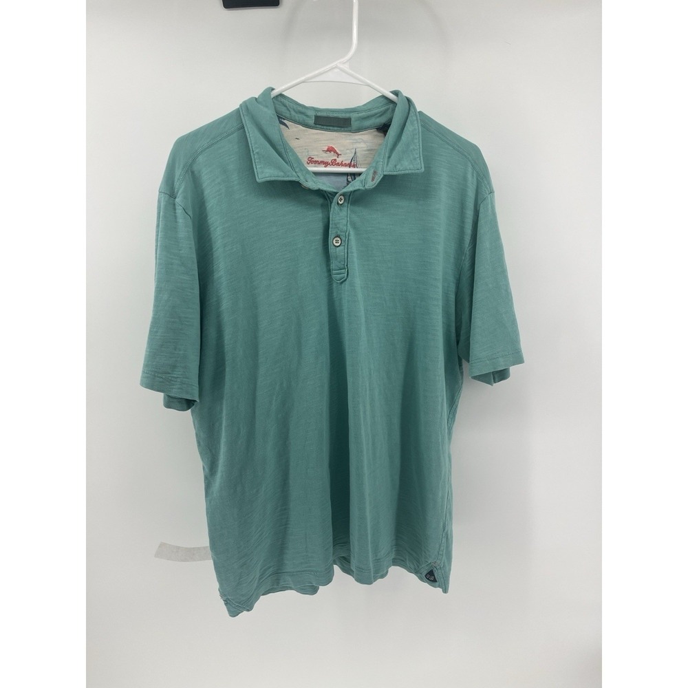 Tommy Bahama TB Logo 100% Pima Cotton Aqua Green Blue Mens Large Golf Polo Shirt